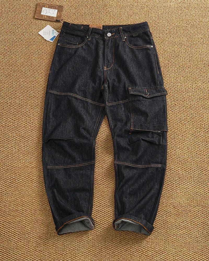 Vintage Raw Indigo Multi-Panel Cargo Straight Leg Denim Jeans