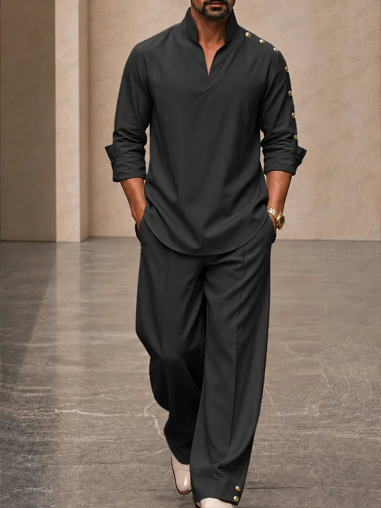 Casual Loose Button Accents Sleeve Shirt Pants Set