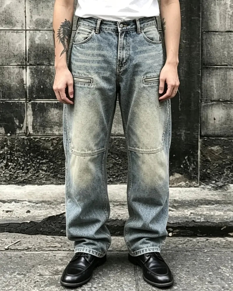 Vintage Washed Slit©\Pocket Baggy Wide©\Leg Utility Denim Pants