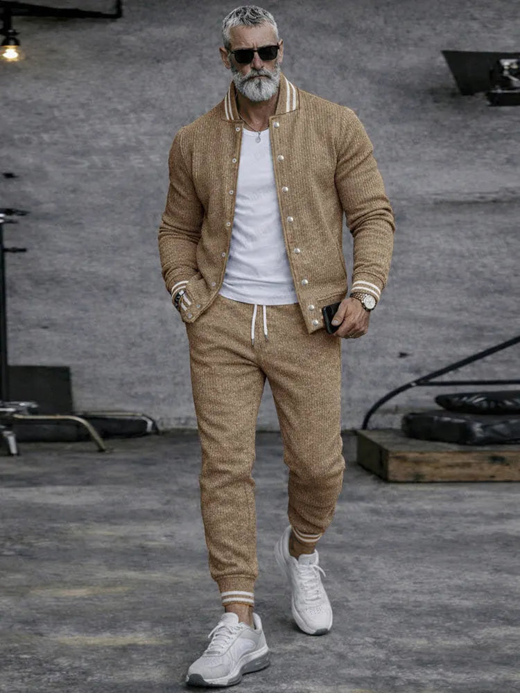 Casual Active Knit Bomber Jacket Jogger Set