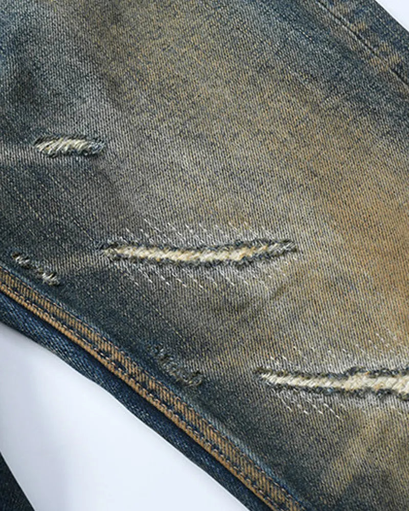 Vintage Yellow Mud Washed Distressed Jeans