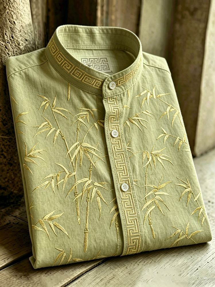 Vintage Bamboo Section Embroidery Pattern Design Casual Linen Shirt