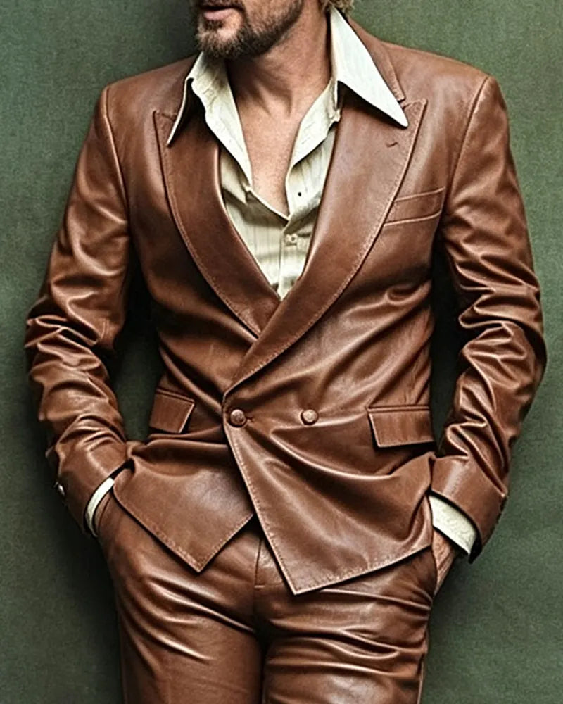 Retro  70s Retro Cognac Brown Double©\Breasted Leather Blazer