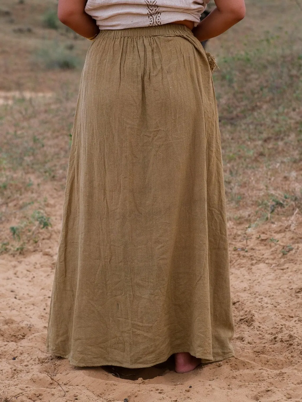 Cotton Linen A-Line Maxi Skirt with Tribal Totem Print and Tassel Waistband
