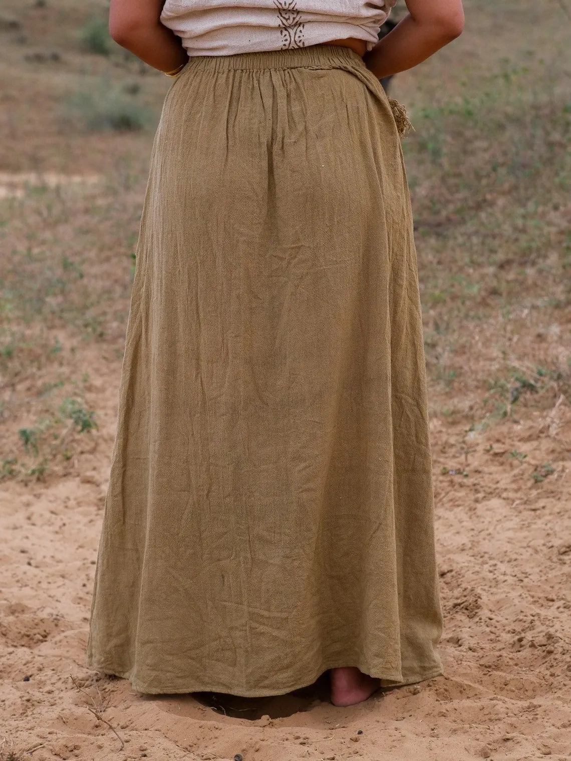 Cotton Linen A-Line Maxi Skirt with Tribal Totem Print and Tassel Waistband