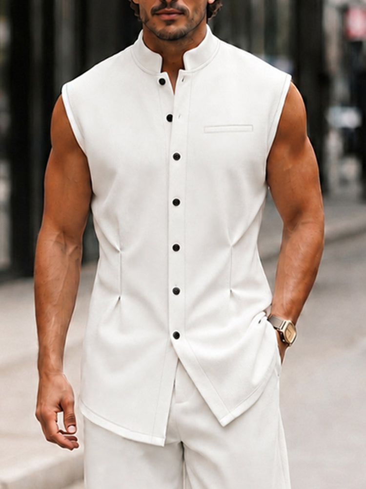 Urban Casual Sleeveless Stand Collar Shirt Set