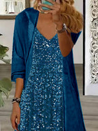 Women's Long Sleeve V-neck Graphic Printed Two Pieces Maxi Dress