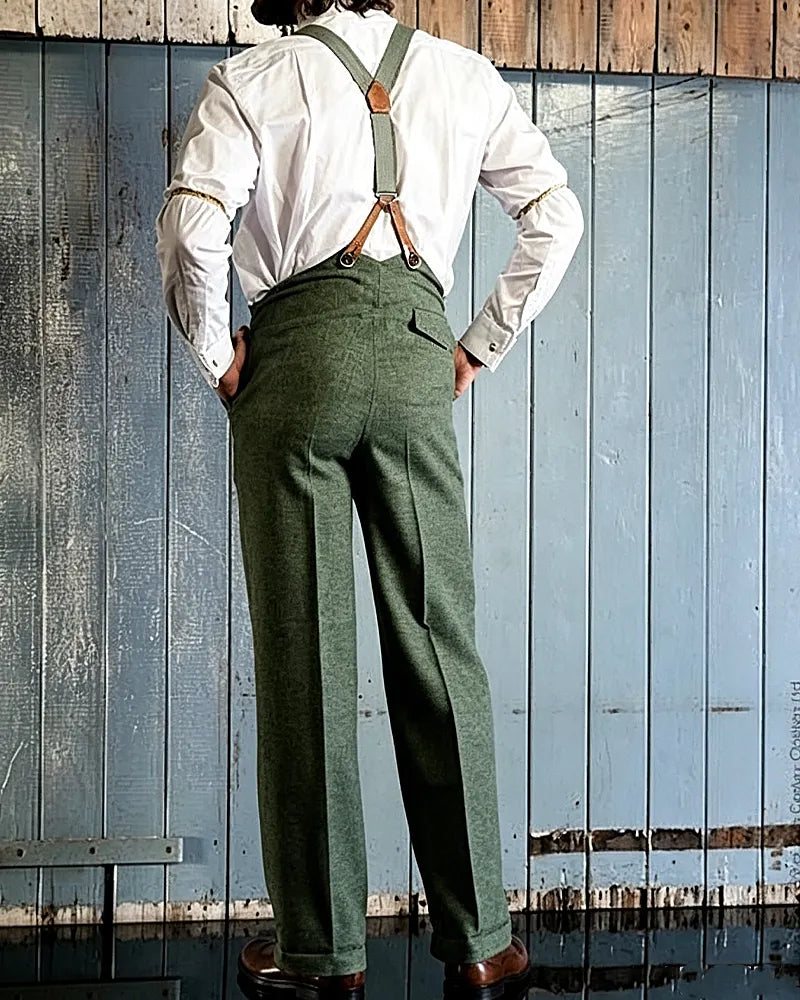 Vintage Olive Green High©\Waist Pleated Wide©\Leg Trousers