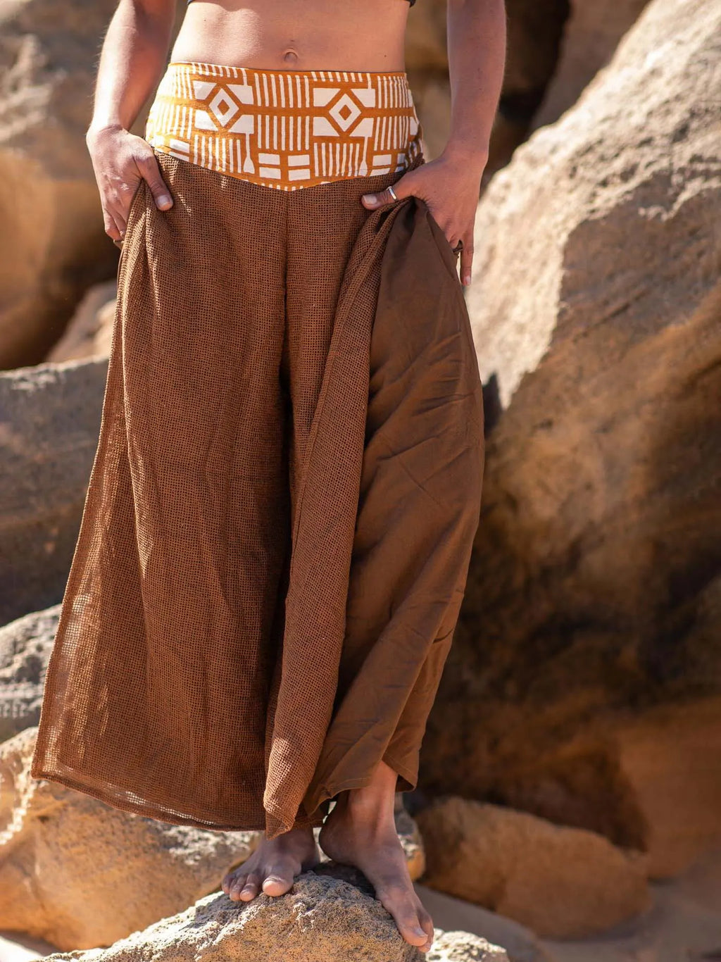 Wide Leg Boho Pants Unisex | Ethnic Cotton Pants Tribal Waistband | Layered Mesh Overlay Trousers