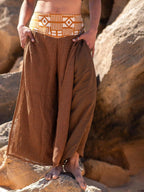 Wide Leg Boho Pants Unisex | Ethnic Cotton Pants Tribal Waistband | Layered Mesh Overlay Trousers