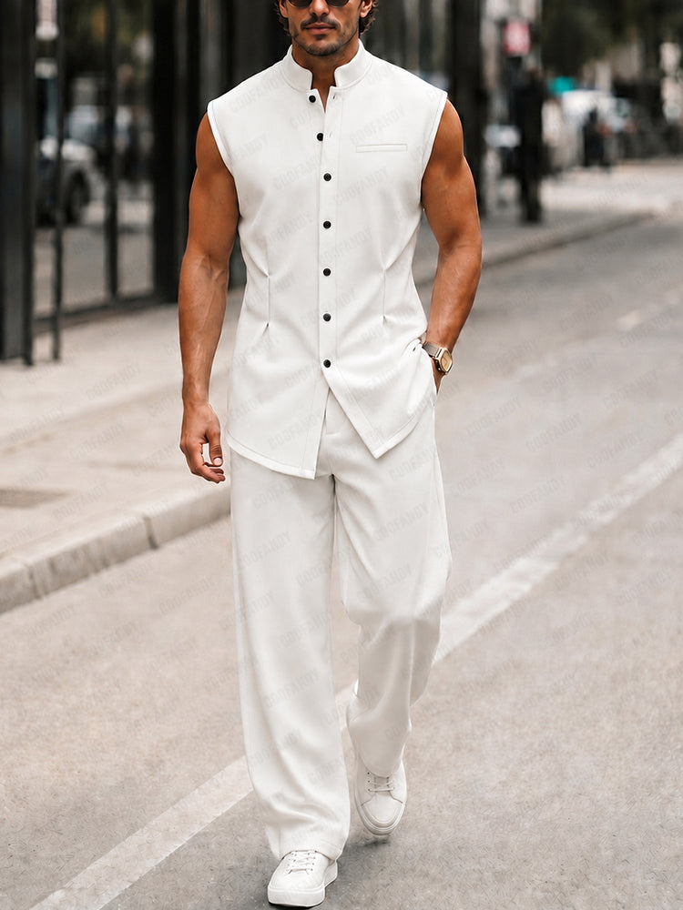 Urban Casual Sleeveless Stand Collar Shirt Set