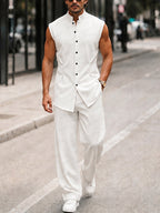 Urban Casual Sleeveless Stand Collar Shirt Set