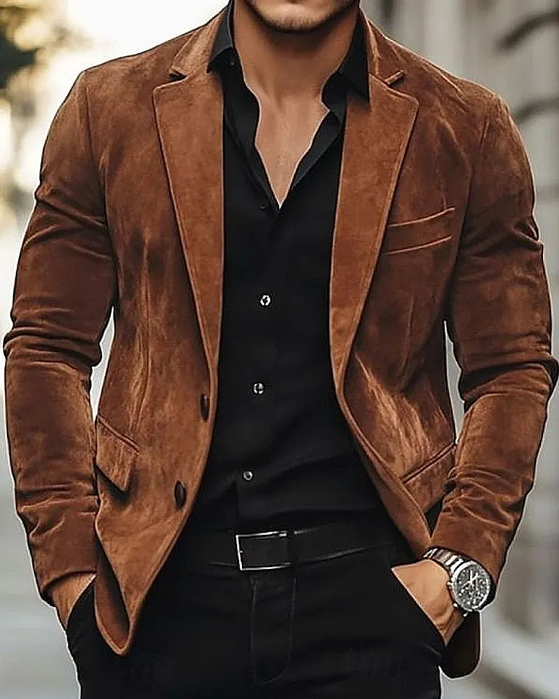 Retro Vintage Brown Suede Effect Single Breasted Blazer