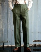 Vintage Olive Green High©\Waist Pleated Wide©\Leg Trousers