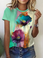 Women's Floral Print T-shirt - Casual Short Sleeve Crew Neck Top for Spring & Summer