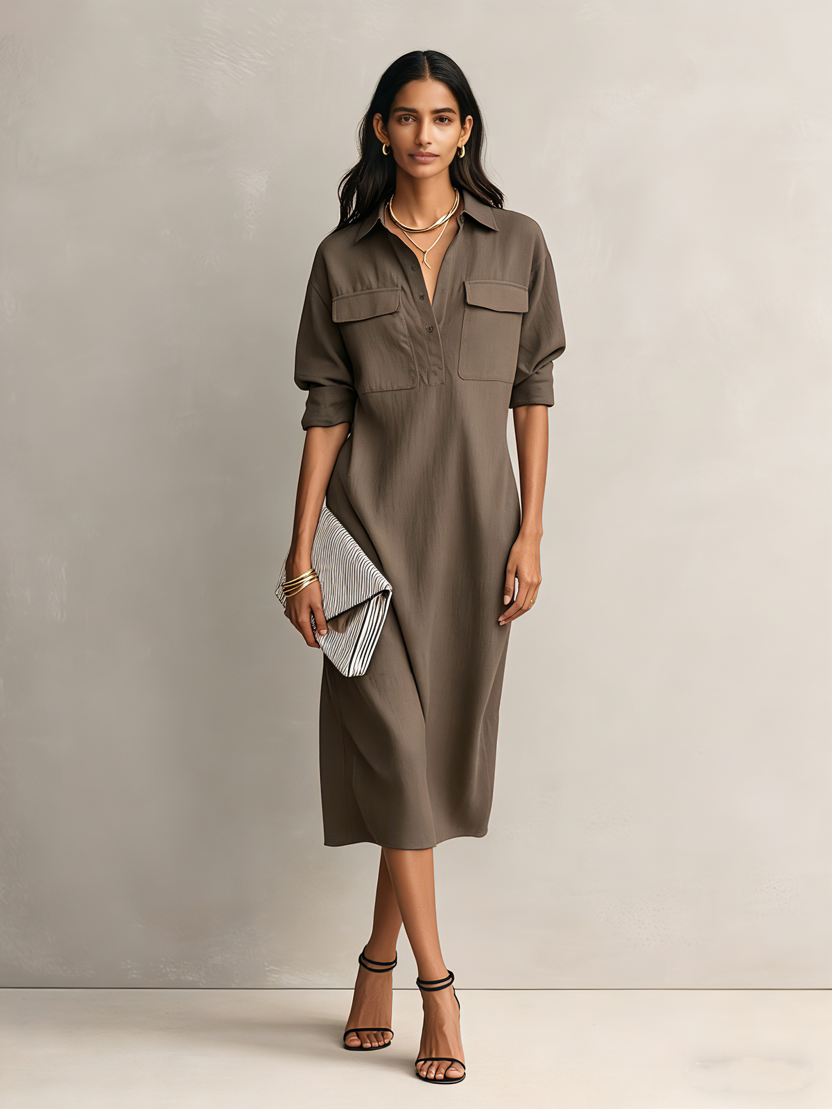 Shirt Collar Cotton-Linen Midi Dress