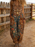 Women's Retro Floral Color-Blocked Art Print Washed Cotton Denim Patchwork Jumpsuit