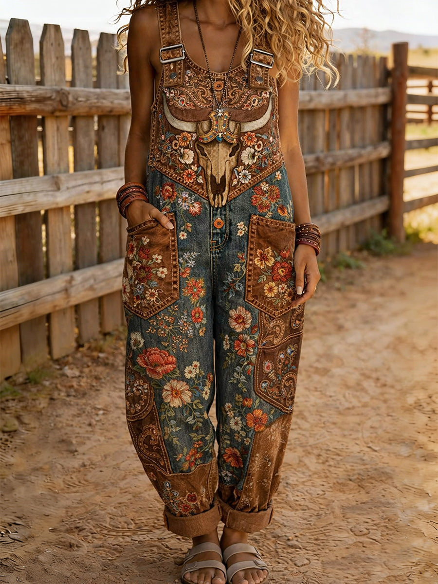 Women's Retro Floral Color-Blocked Art Print Washed Cotton Denim Patchwork Jumpsuit