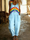 Women's Retro Pride Month Rainbow Art Print Washed Cotton Denim Patchwork Jumpsuit