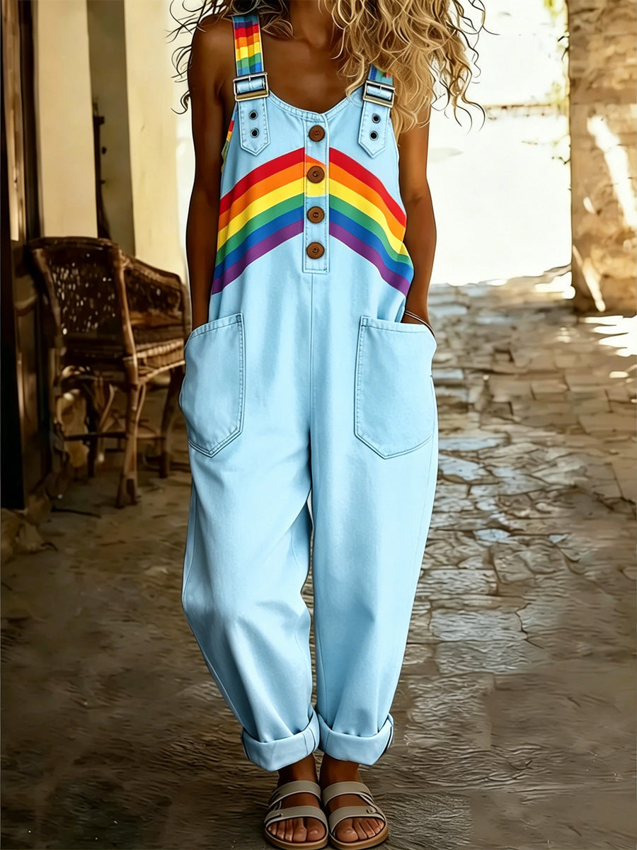 Women's Retro Pride Month Rainbow Art Print Washed Cotton Denim Patchwork Jumpsuit