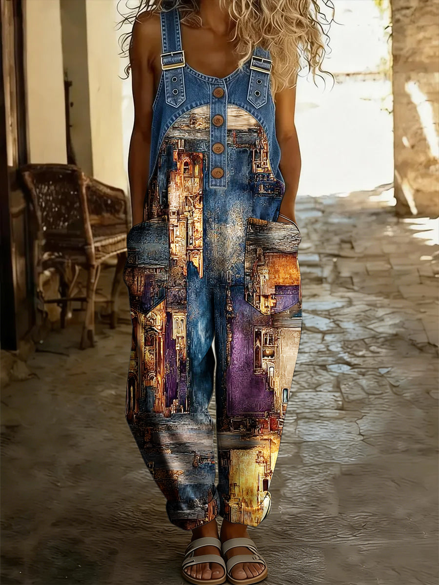 Women's Boho Color Art Print Washed Cotton Denim Patchwork Jumpsuit