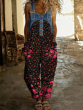 Women's Retro Floral Color-Blocked Art Print Washed Cotton Denim Patchwork Jumpsuit