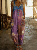 Women's Retro Style Art Print Washed Cotton Denim Patchwork Jumpsuit