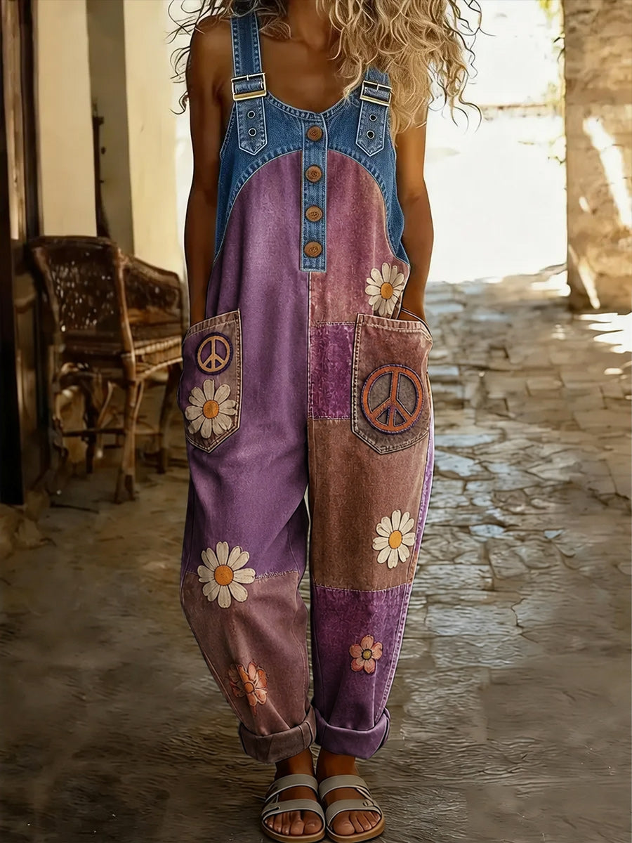 Women's Retro Style Art Print Washed Cotton Denim Patchwork Jumpsuit