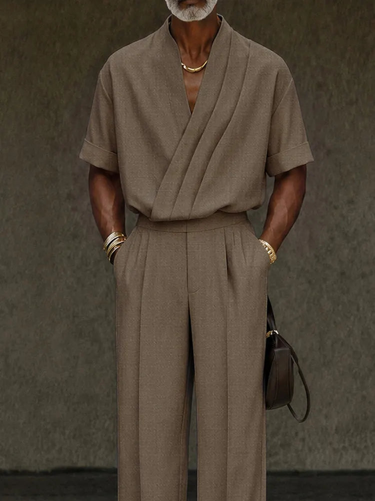 Contemporary Pleated Cross Placket Shirt Pants Set