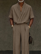 Contemporary Pleated Cross Placket Shirt Pants Set