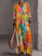 Glamorous Artistic Watercolor Cotton-linen Dress