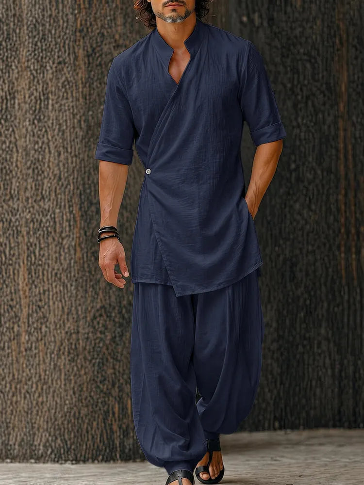 Minimalist Cotton Longline Wrap Shirt Pants Set