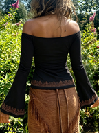 Vintage Print Off-Shoulder Flared Long Sleeve Top