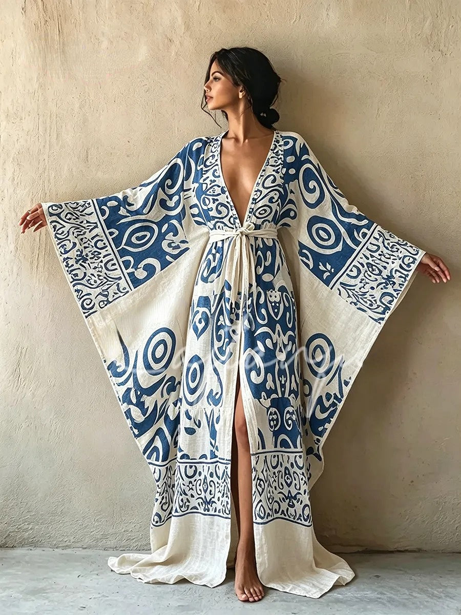 Women's Bohemian-Print Cotton-Linen Vacation Robe