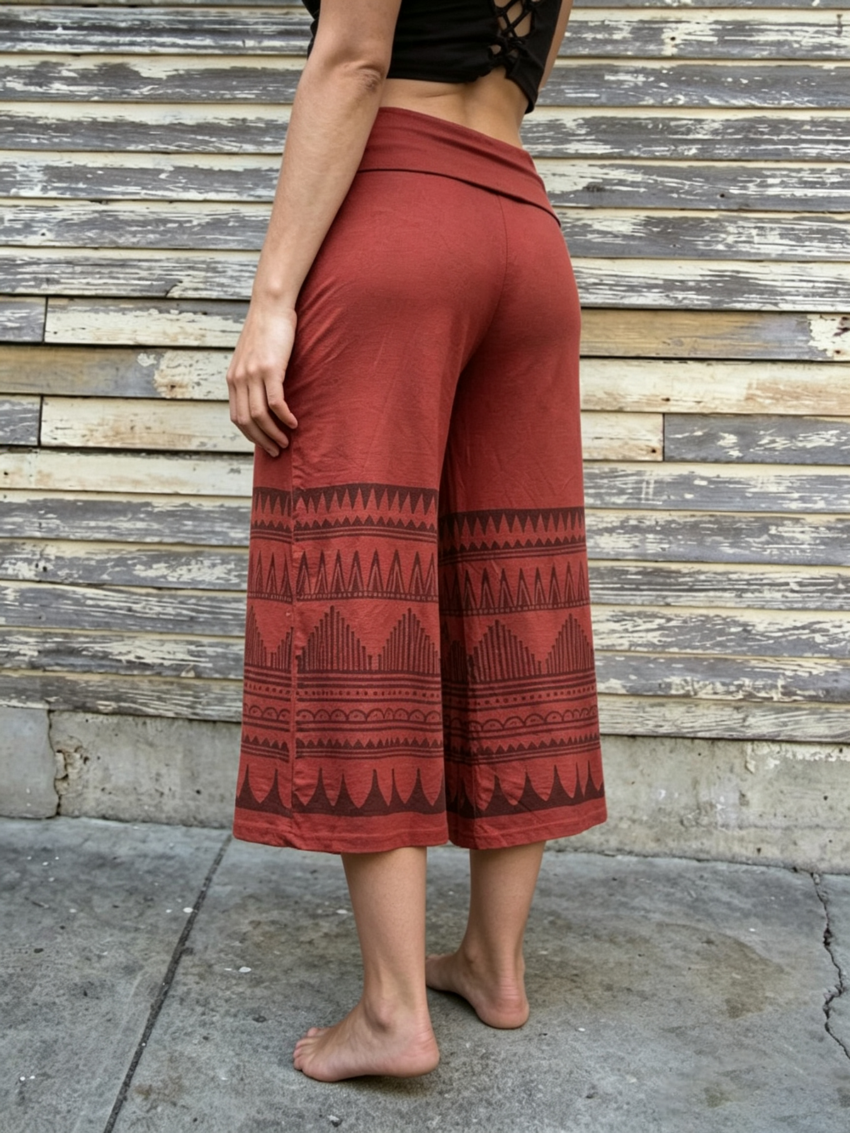 Ethnic Print Fold-Over Waist Cropped Wide Leg Pants