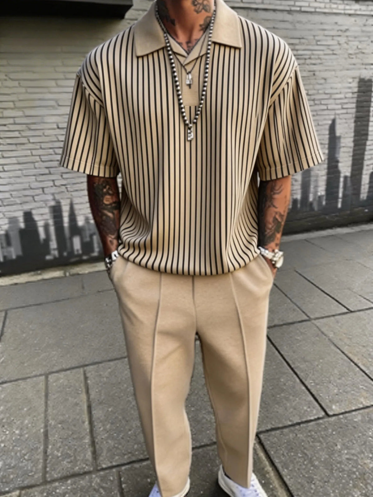 Vertical Striped Polo Shirt and Trousers 2 Piece Set