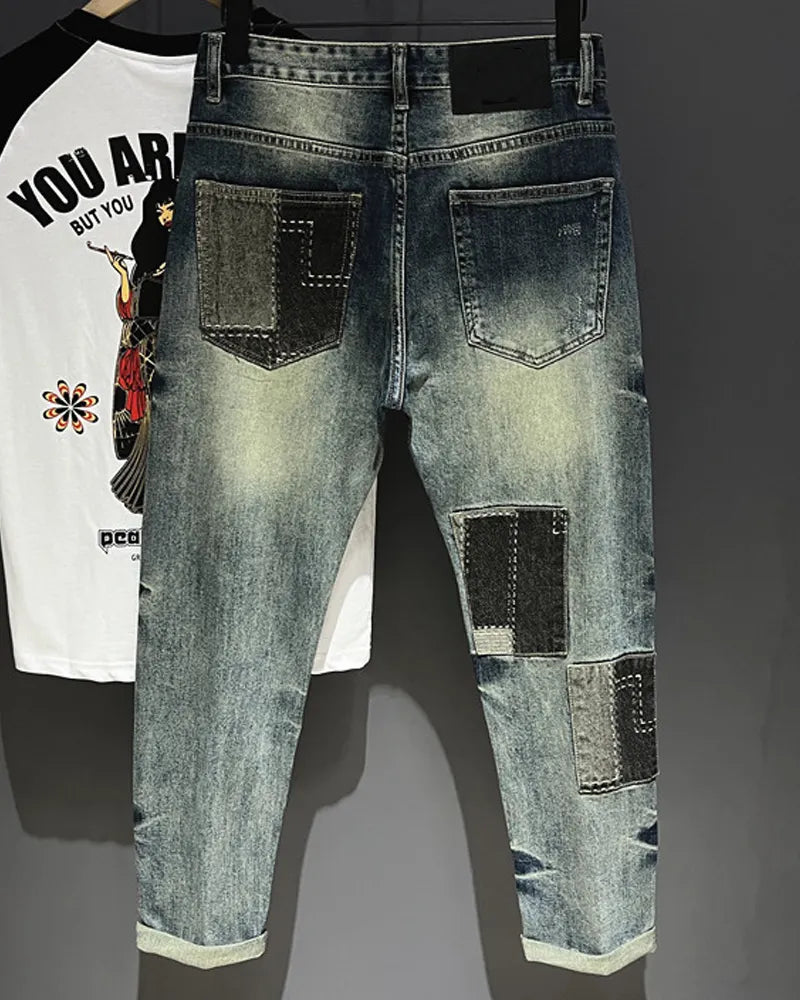 Vintage Patchwork Repair Distressed Straight©\Leg Denim Pants