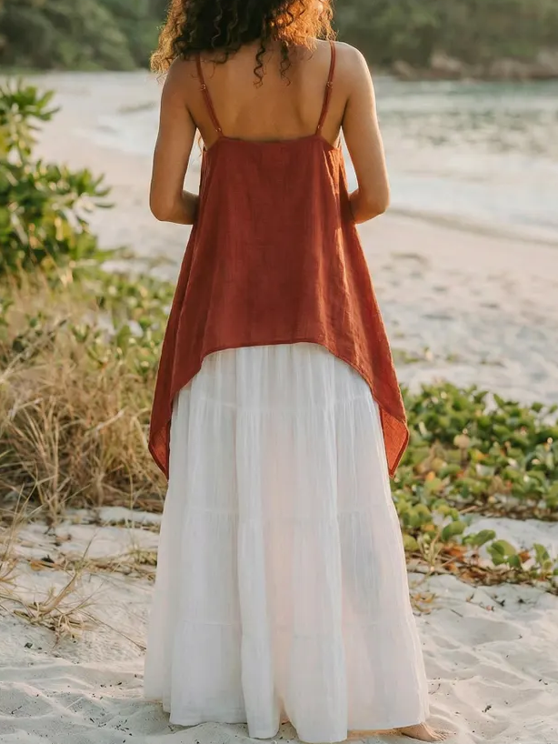 Women's Boho Cotton Cami Top / Flowy Asymmetric Spaghetti Strap Tank