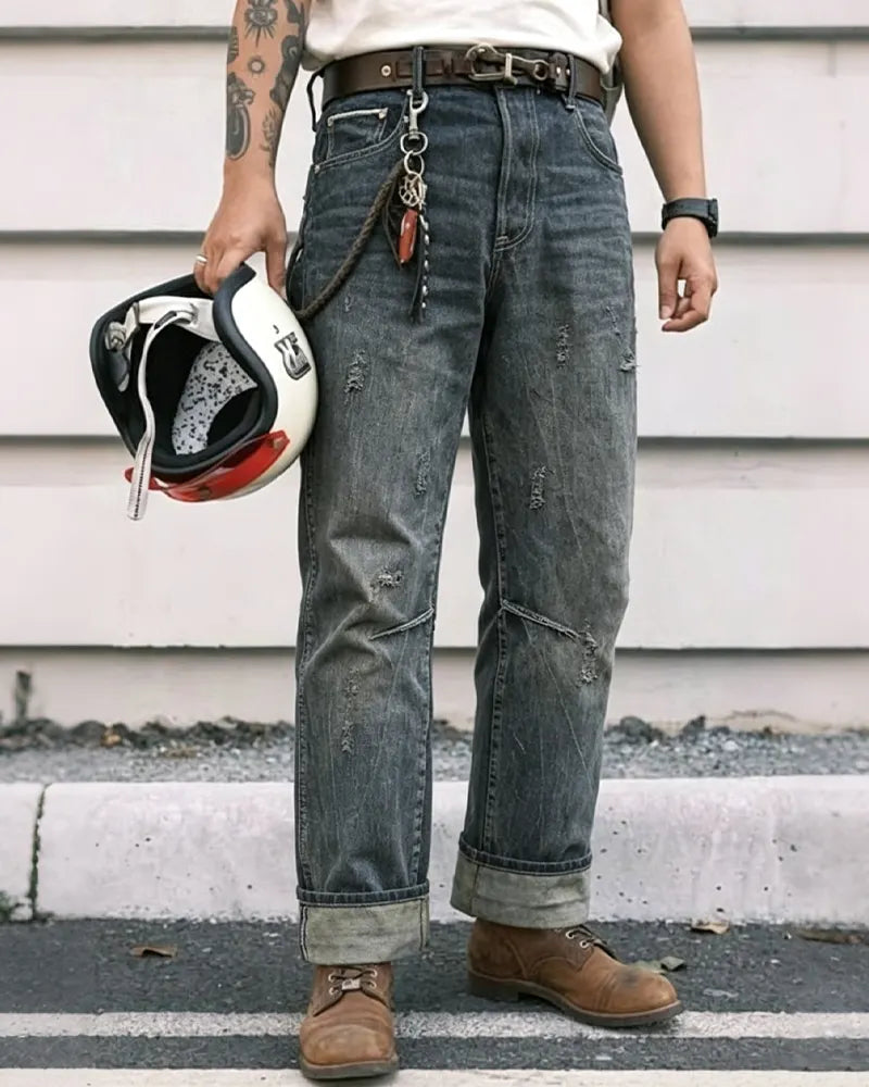 Vintage Blue-gray Distressed Ripped Jeans