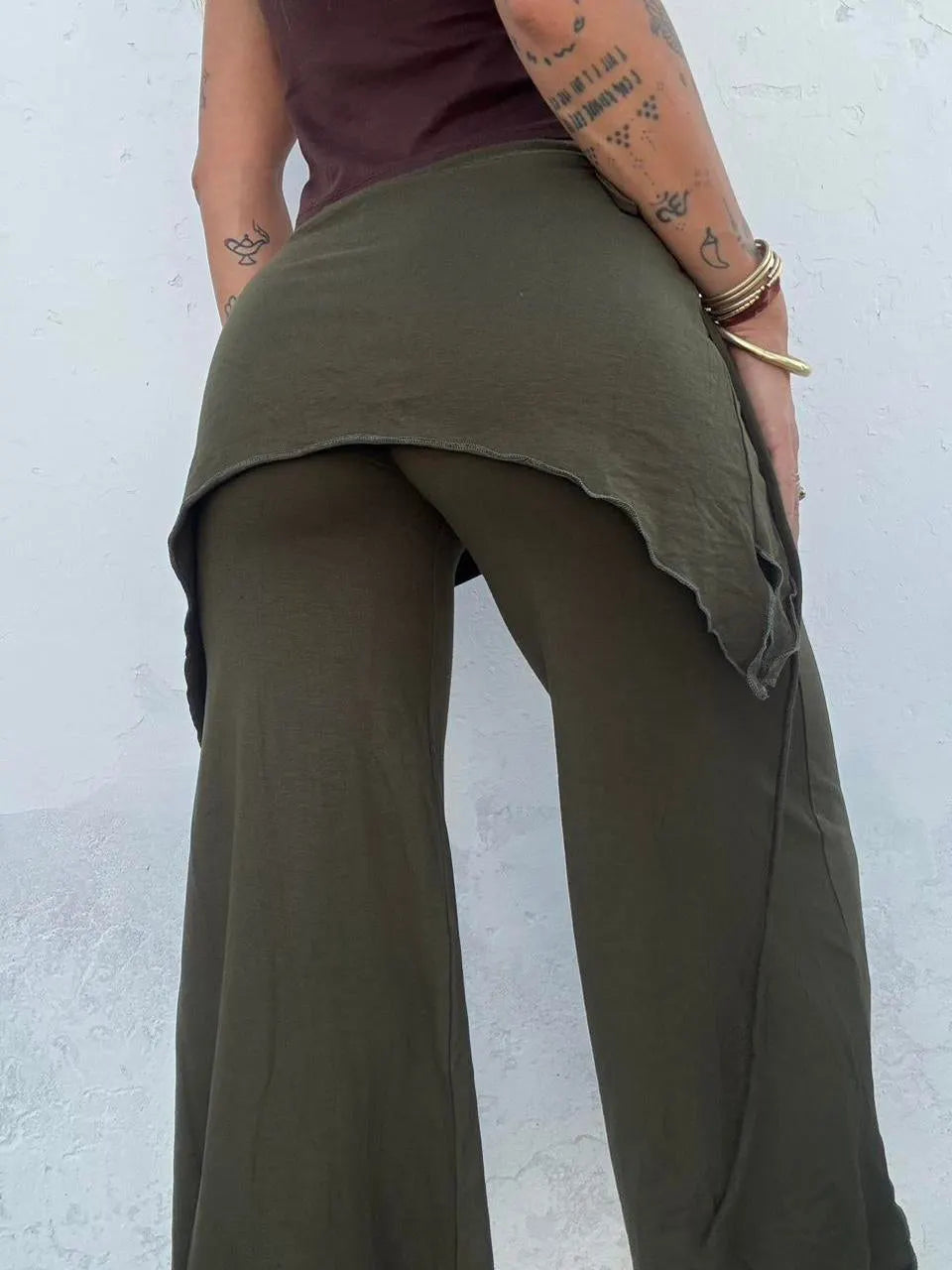 Drawstring Faux Two-Piece Asymmetric Cropped Wide Leg Pants