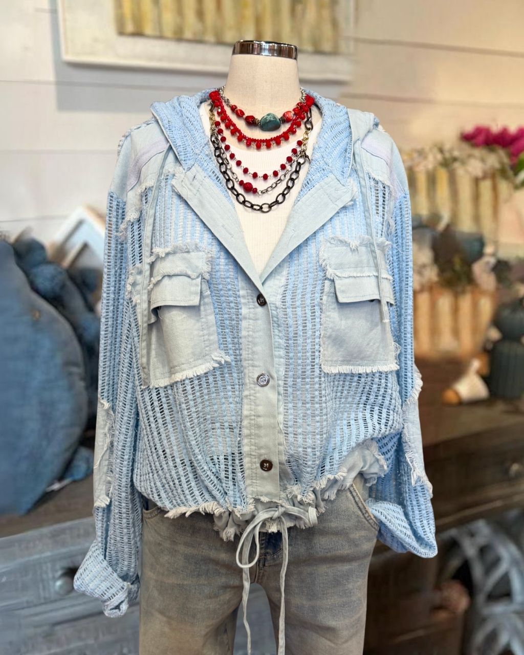 Distressed Mesh Knit Hooded Jacket