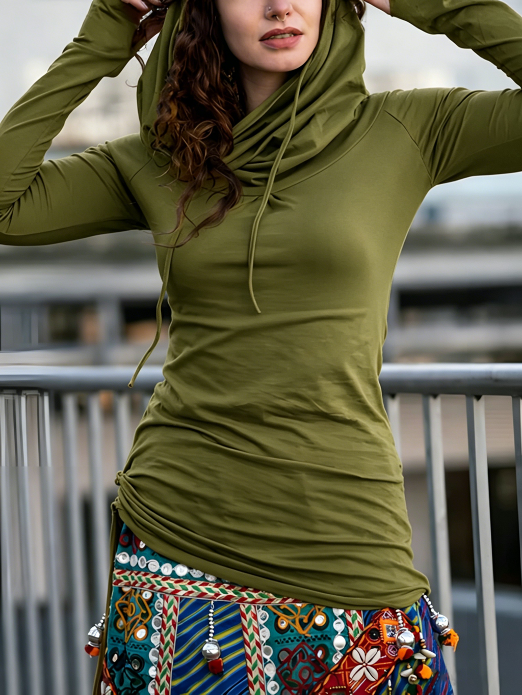 Tribal Cowl Neck Hooded Slim-Fit Long Sleeve Top