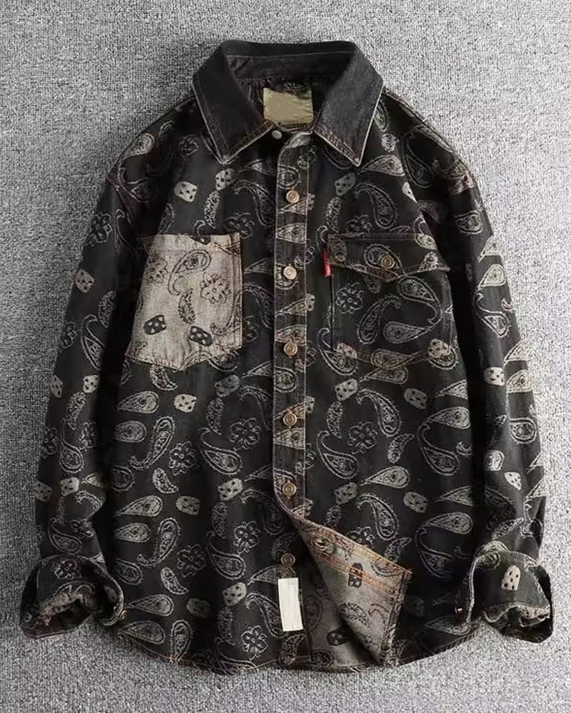 Vintage Paisley Jacquard Washed Denim Long Sleeve Jacket