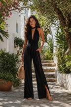 Boho Elegant Black Lace Panel Smocked Waist Wide Leg One-Piece Jumpsuit