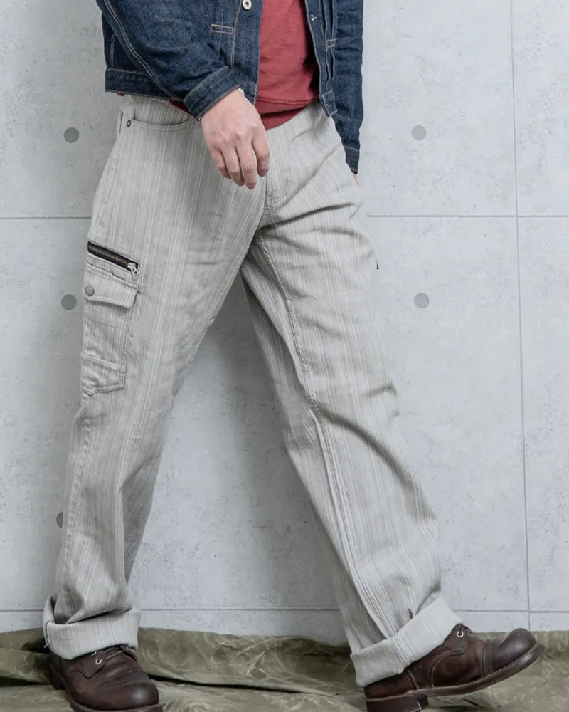 Vintage Striped Textured Denim Cargo Pants