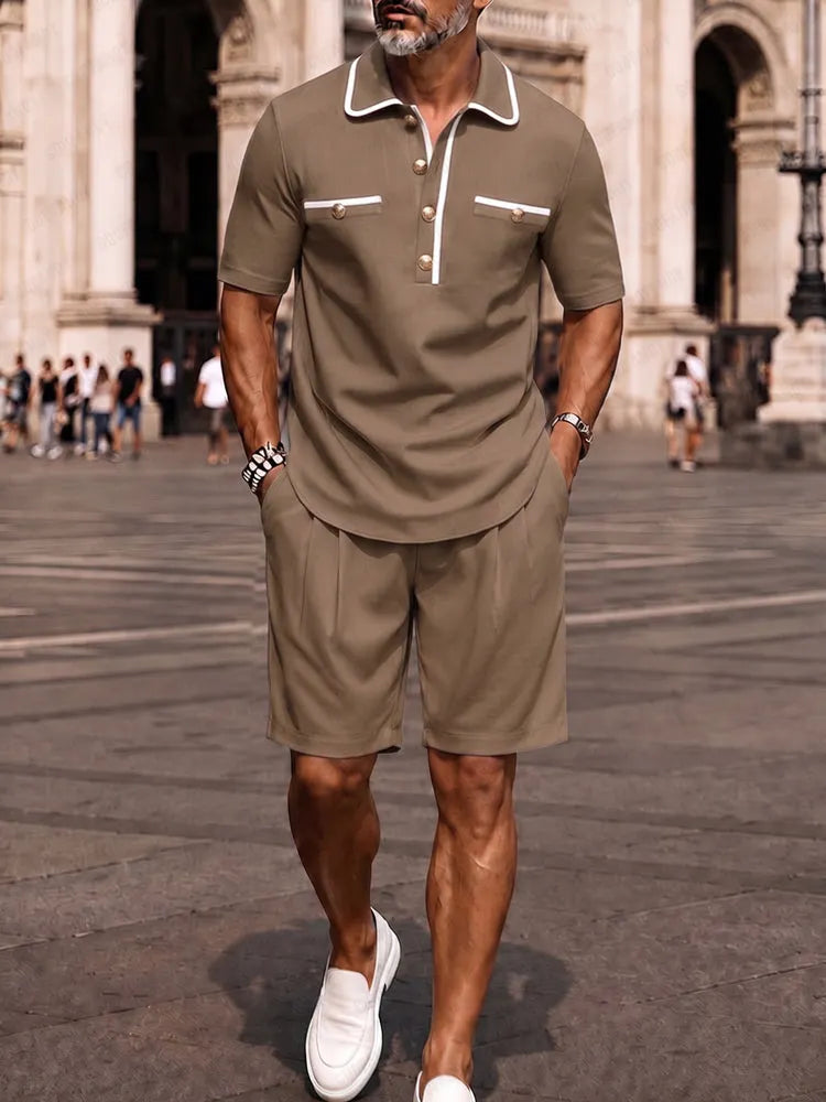 Elegant Contrast Trim Polo Shirt Shorts Set
