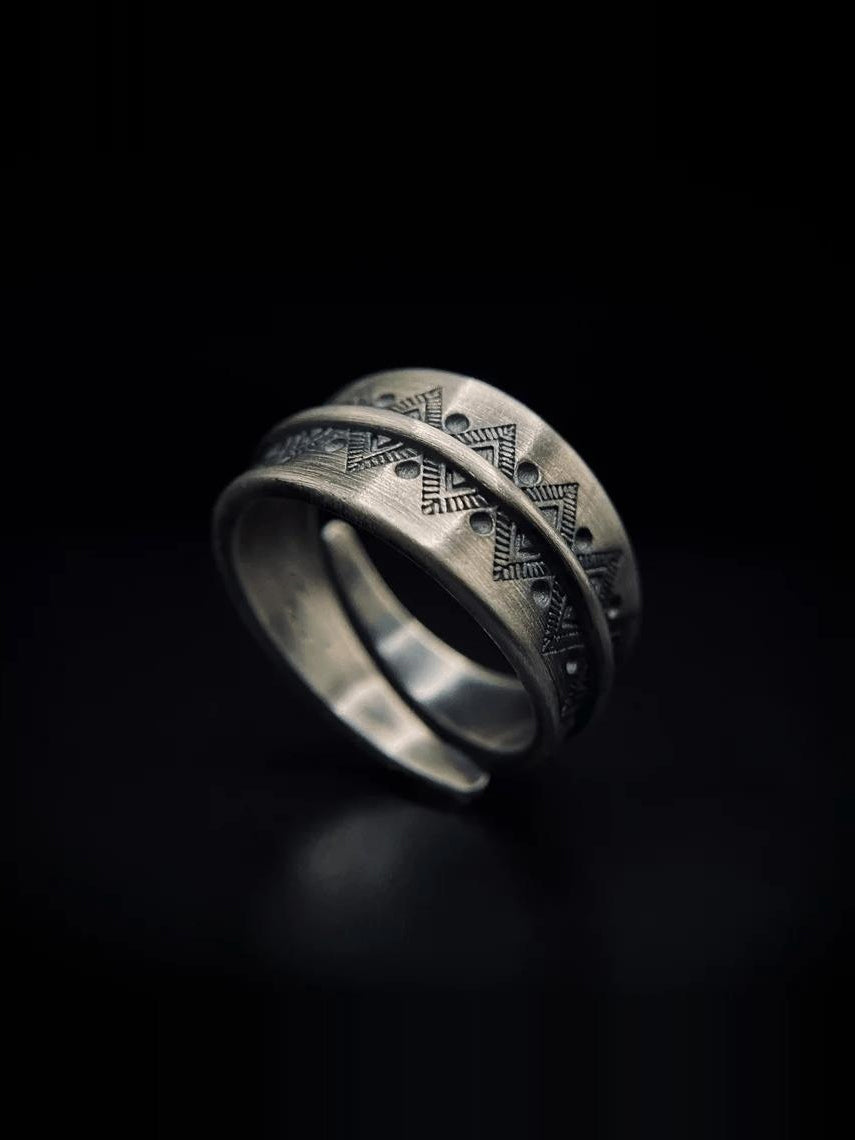 Navajo Totem Vintage Distressed Hand-Engraved Open Ring