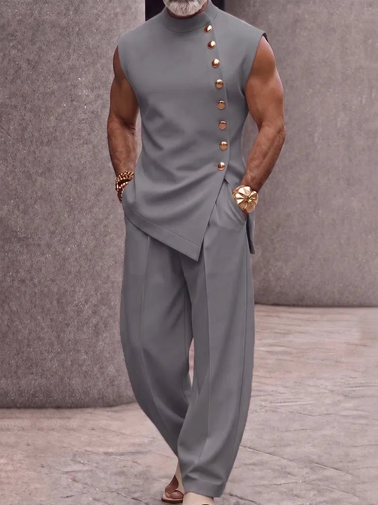 Refined Button Design Sleeveless Top and Pants Set