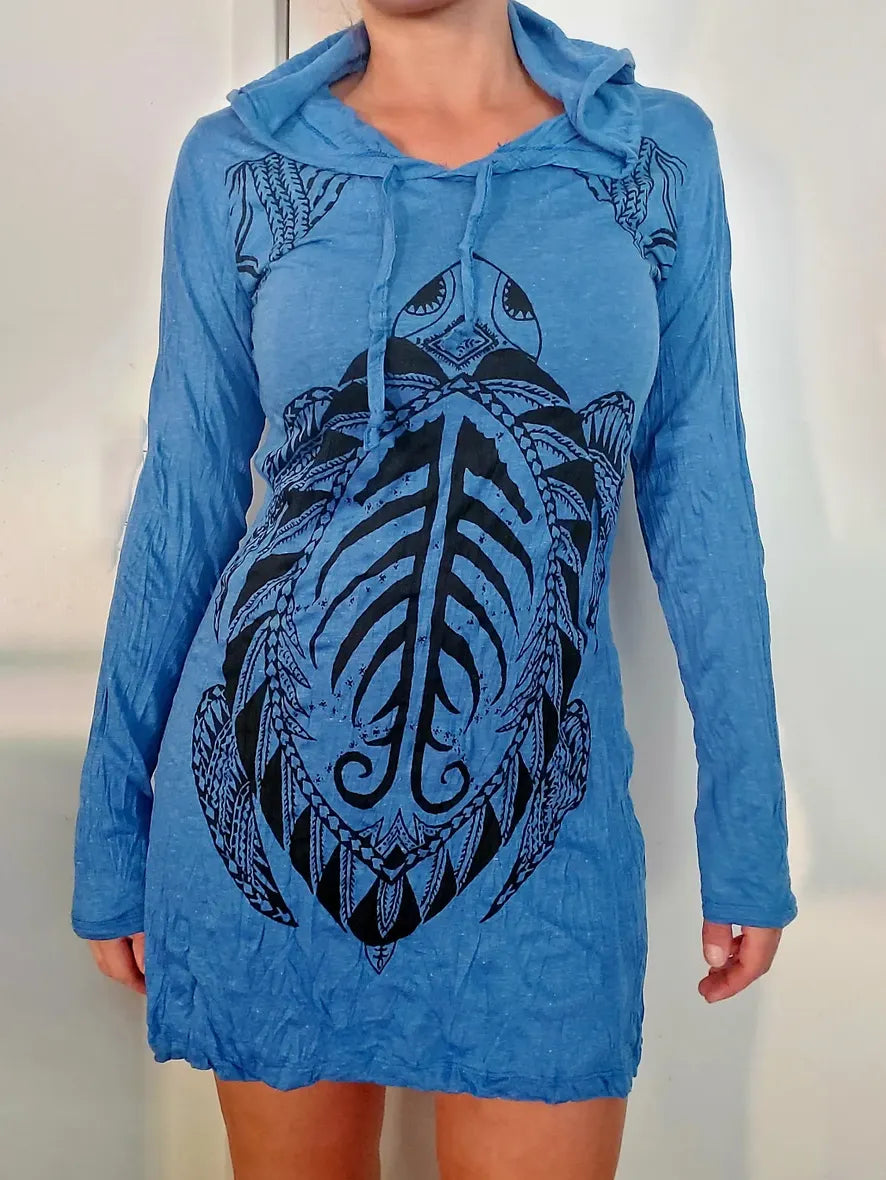 Cotton Longsleeve Tunic Dress: Turtle Logo Boho Beach Cover-up