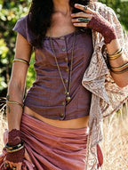 Vintage Distressed Square Neck Single-Breasted Button Cropped Short Sleeve Top